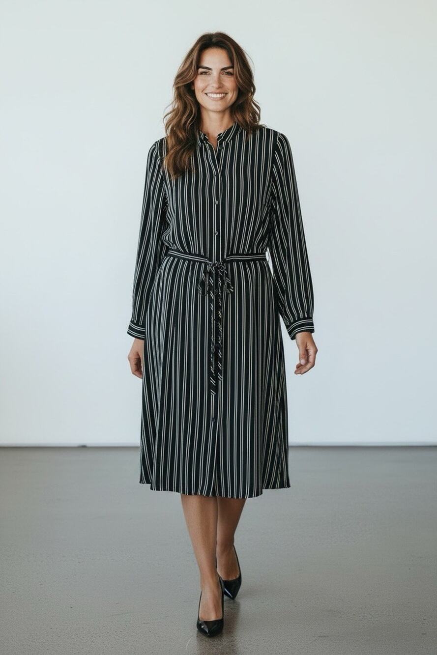 JDY Women's Striped Long Sleeve Shirt Dress US 4 Collared Black White Tie Waist